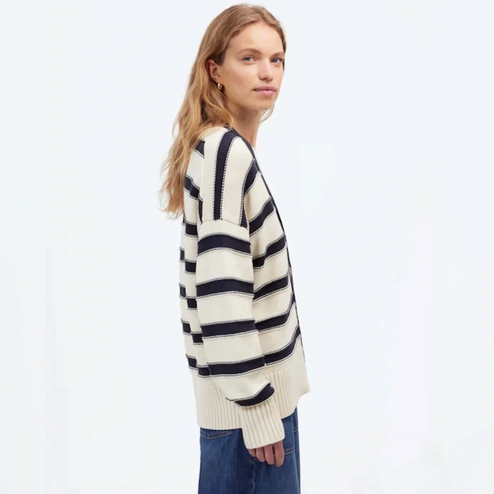 Madewell Oversized Cotton Cardigan in Stripe Cream Navy NT645 100% Cotton Small - Picture 3 of 10